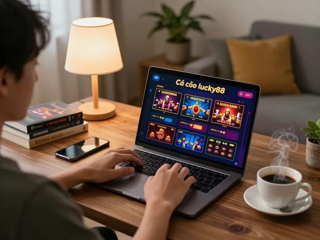 Cá cược lucky88 setup with a person engaging in online casino gaming on a laptop in a cozy home setting.