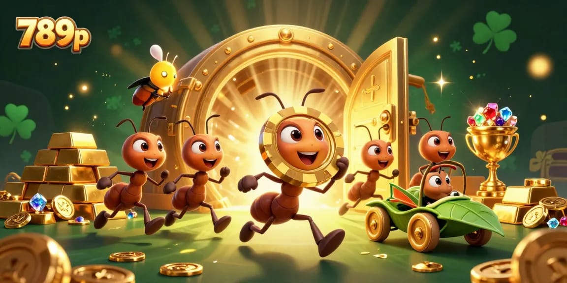 Win big at 789p with cartoon ants heisting a golden poker chip amidst treasure and jewels.