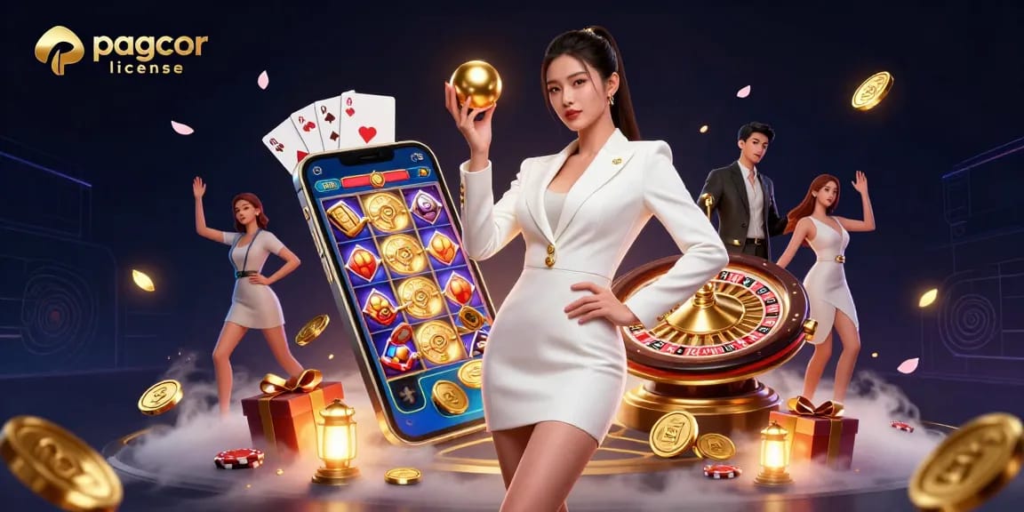 Experience excitement at PAGCOR licensed casinos with a confident woman holding a roulette ball amidst dynamic casino elements.