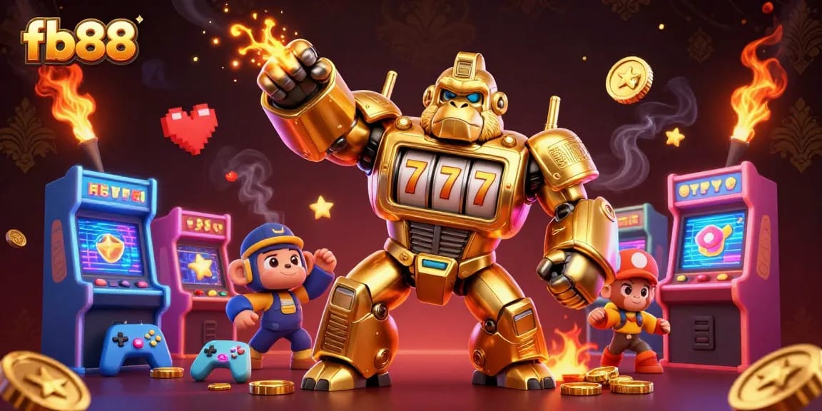 Win big at fb88 with action-packed slot machines featuring a golden gorilla mech!