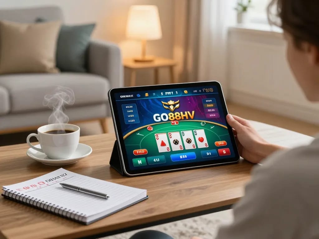 Person using tablet for online gambling at home, enjoying the GO88HV poker interface in a cozy setting.