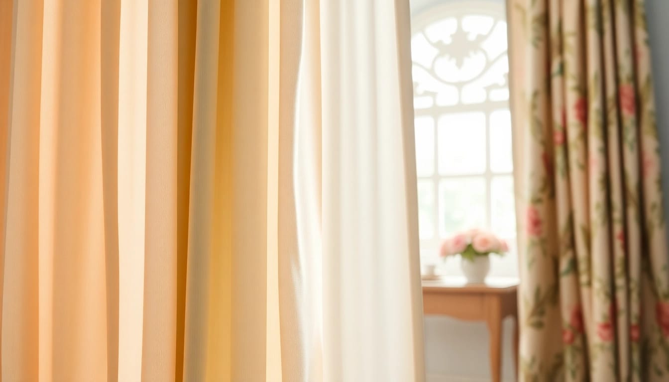 Stof voor gordijnen in diverse kleuren en texturen hangt elegant in een helder interieur.