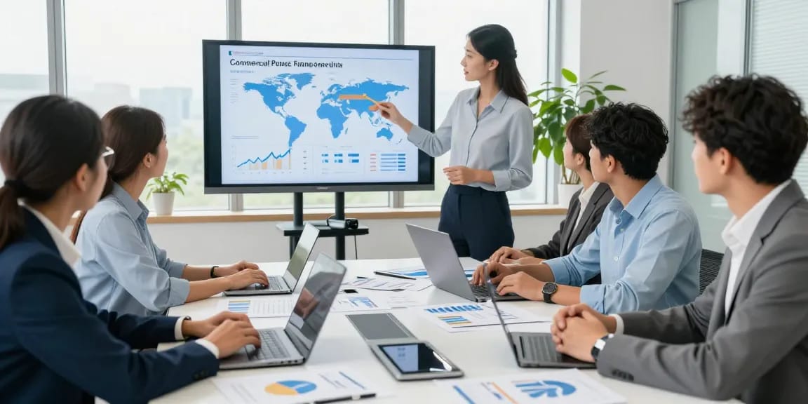 Collaborating professionals discussing worldwide commercial project finance strategies in a modern office.