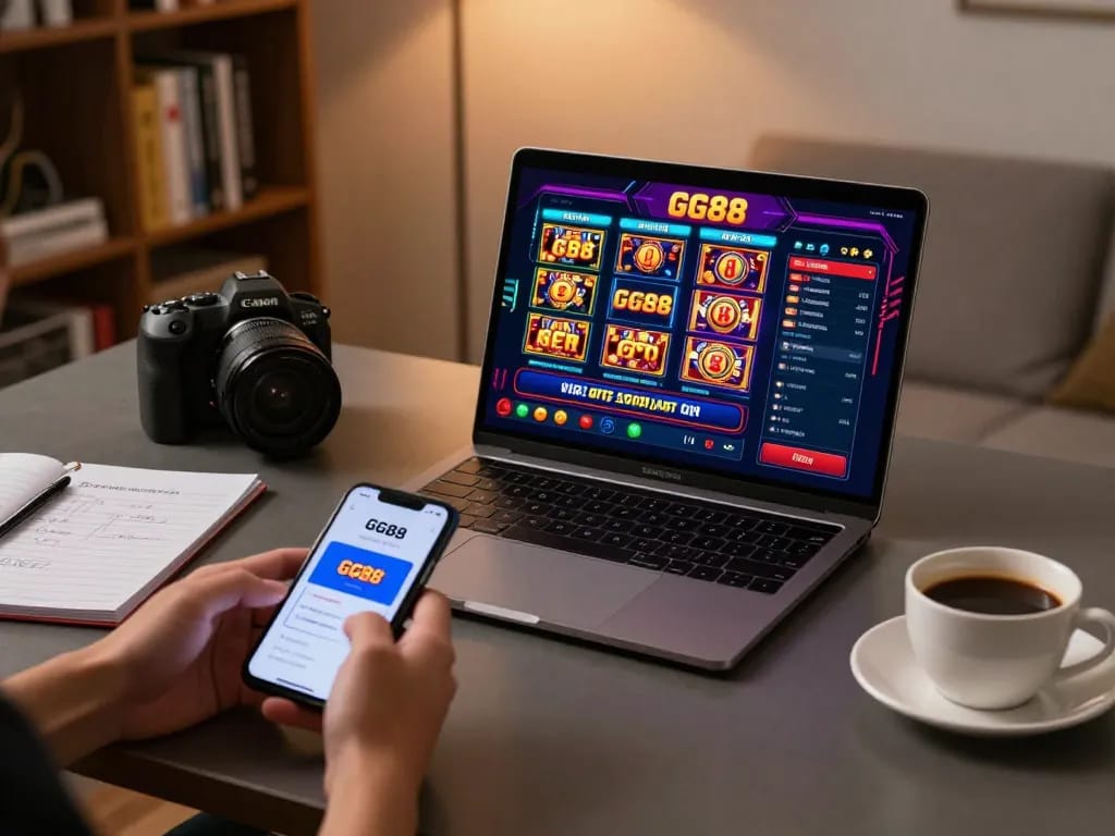 Player engaging with GG88 casino on laptop and smartphone, showcasing a modern gaming setup with strategy notes and cozy atmosphere.