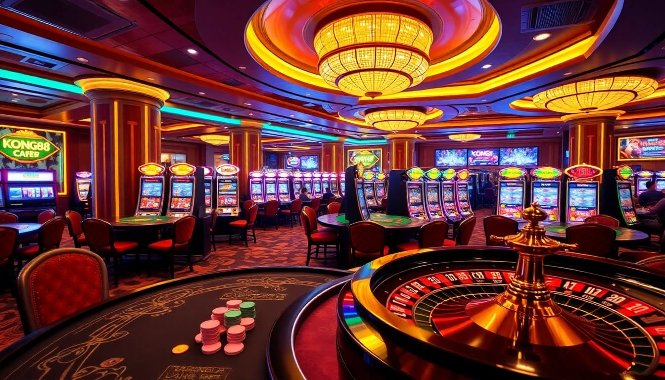 KONG88 casino scene showing players at vibrant tables and slot machines for an exciting gaming experience