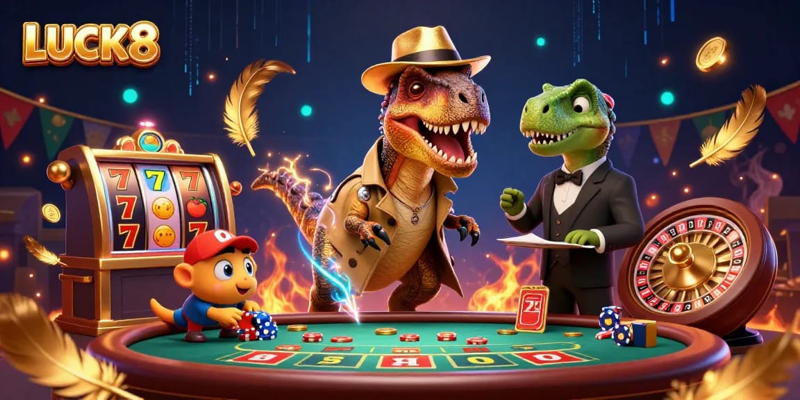 LUCK8 challenges players at an exciting blackjack table with 3D characters amidst thrilling casino elements.