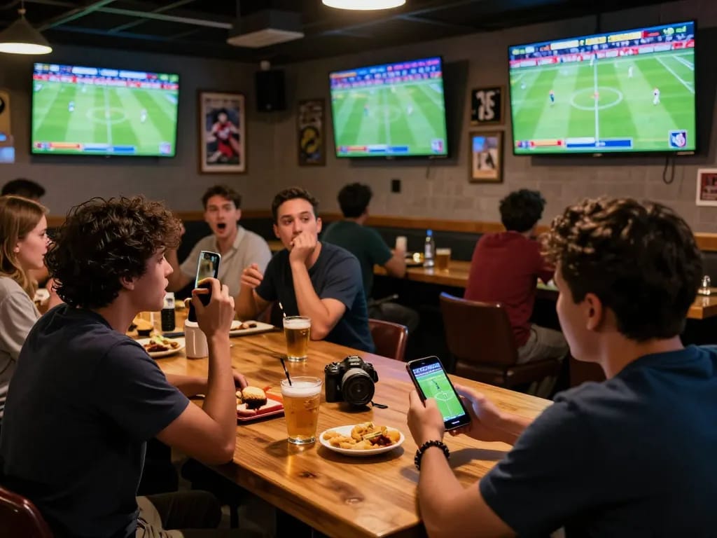 Betting enthusiast using a smartphone to xem trực tiếp bóng đá in a lively sports bar, surrounded by screens showing matches.
