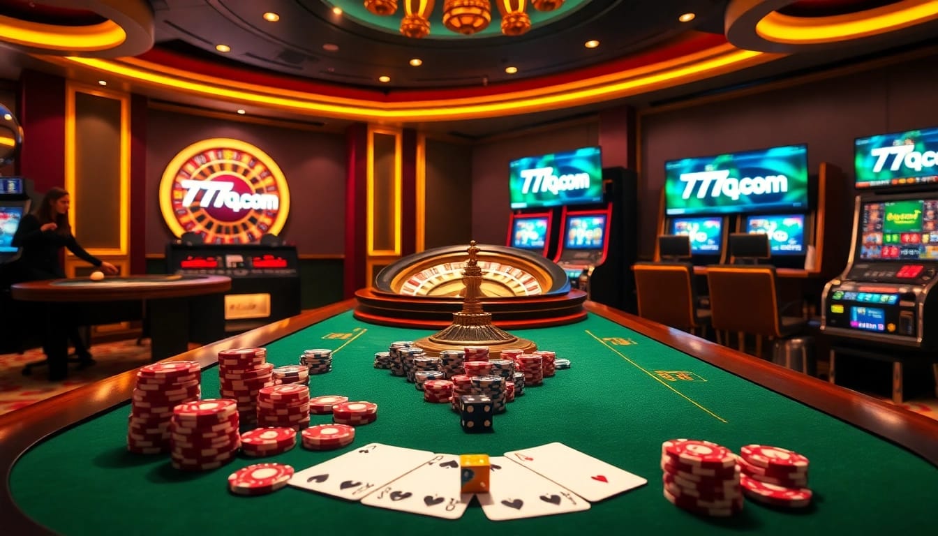 Ação emocionante de jogos de azar na mesa do cassino 77qq com, com cartas e fichas.