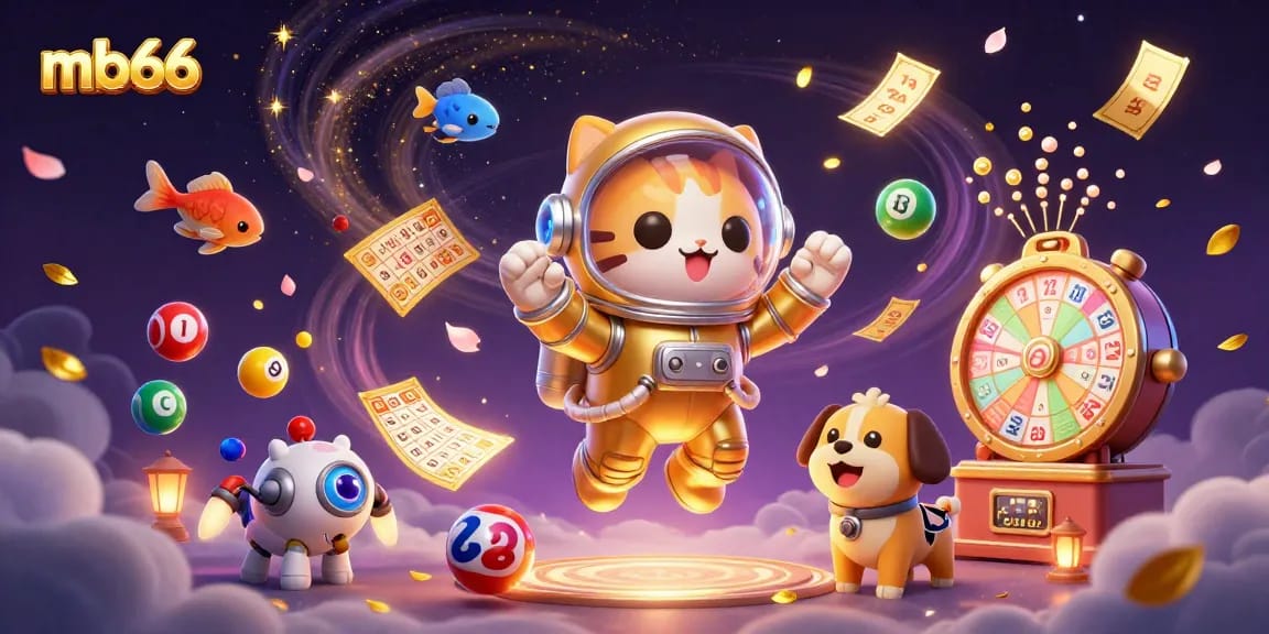 Engage with mb66's vibrant online casino experience featuring playful lottery elements and a dynamic 3D scene.