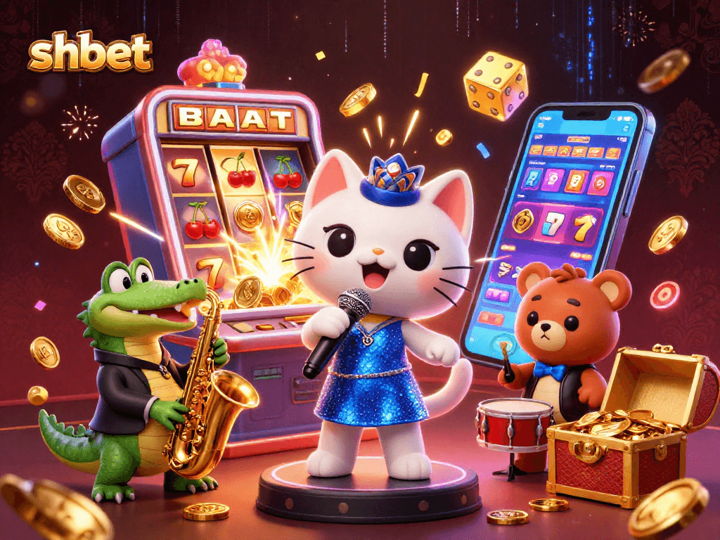 Experience the excitement of shbet with lively characters and dynamic casino elements in a vibrant illustration.