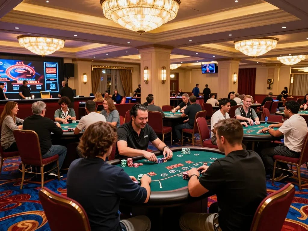 A player at mk8 casino intensely focusing on poker strategy while engaging with dealers and fellow competitors.
