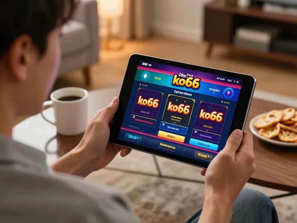 Engaging with Nhà cái ko66 on a tablet in a cozy home setting, emphasizing online gambling strategy.