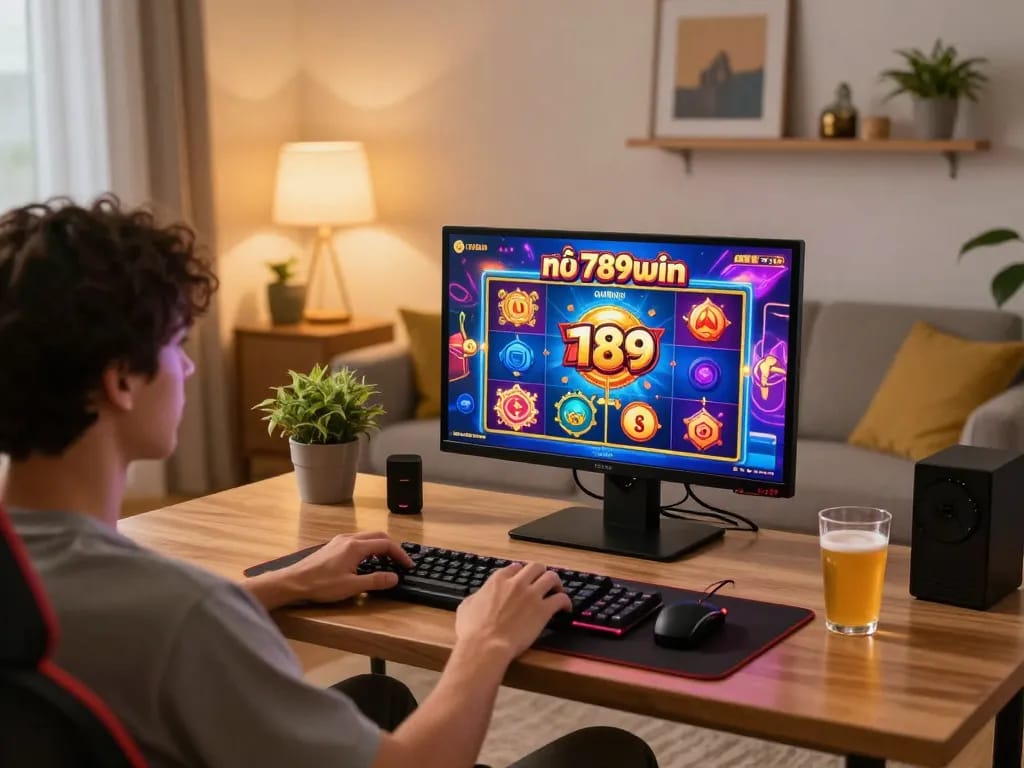 Nổ hũ 789win gameplay scene displayed on tablet in a cozy home setting.
