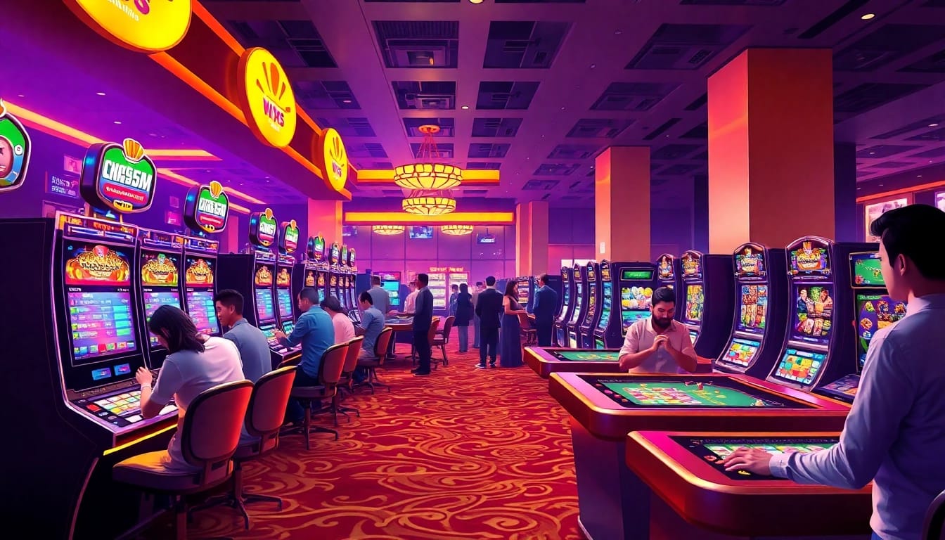 Exciting casino environment showcasing players at QQ88 COM with vibrant colors and dynamic games.