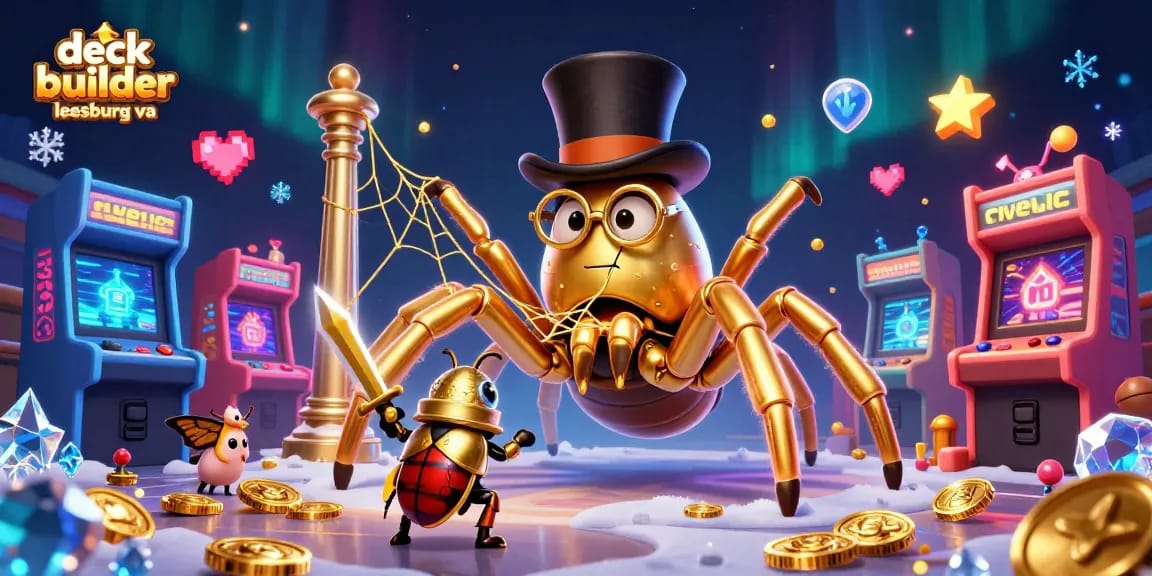 Engage with the dynamic scene featuring deck builder leesburg va as characters play within an animated golden casino setting.