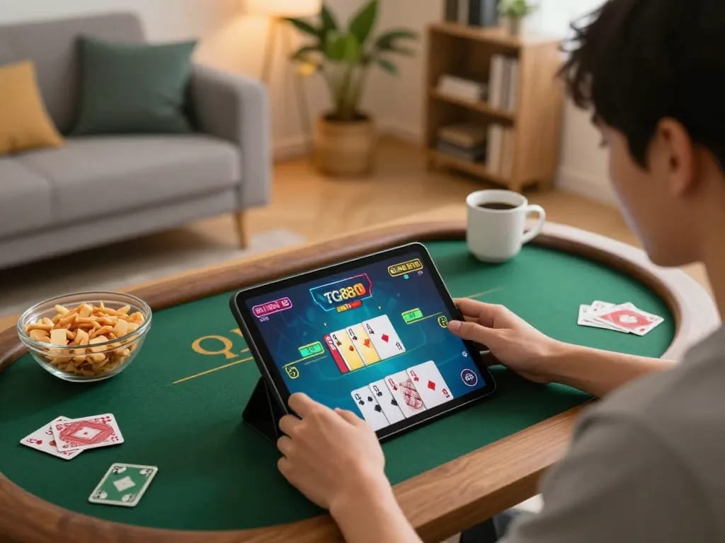 Engaging poker gameplay on TG88 MBA's app in a cozy home setting, capturing strategic moments.