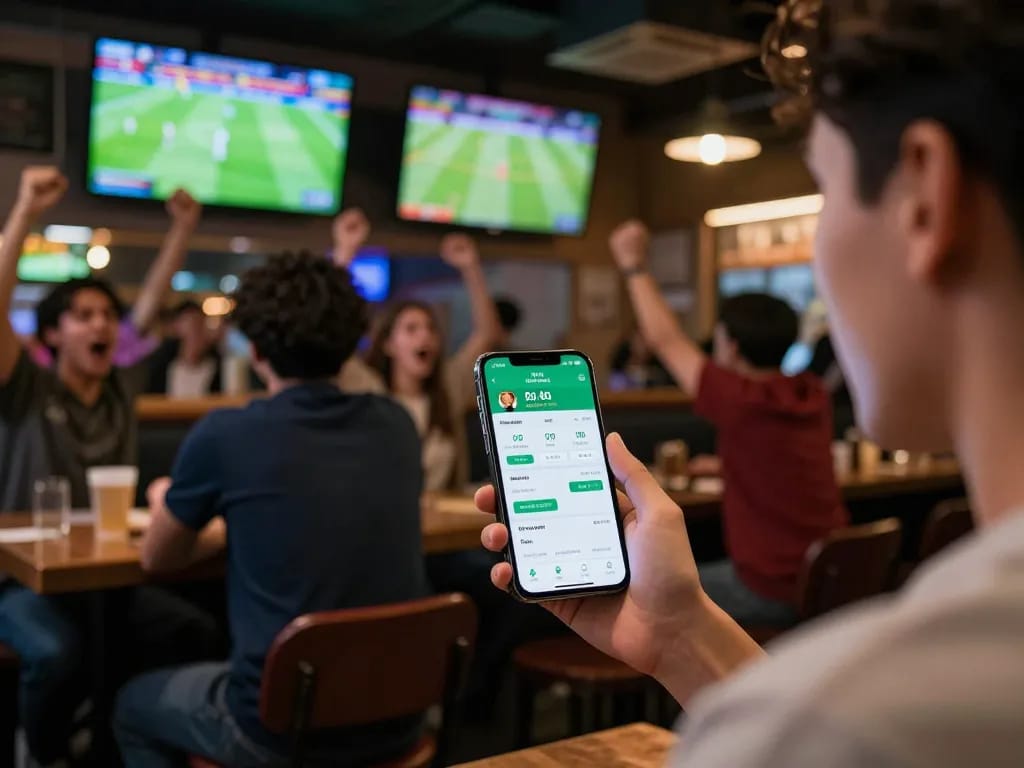 Placing a bet on kèo bóng đá trực tuyến with excitement at a bustling sports bar.
