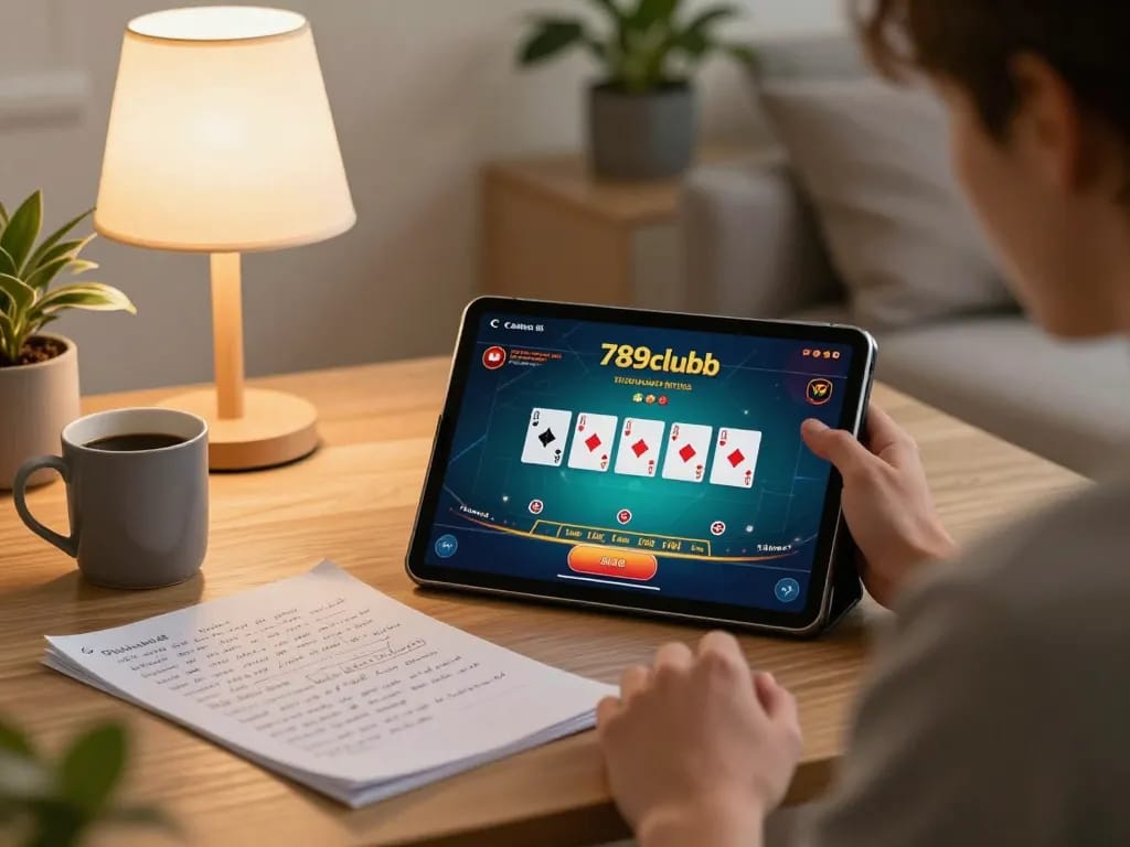 Engaging gameplay on 789clubb poker app shown on a tablet in a cozy home setting with insightful notes.