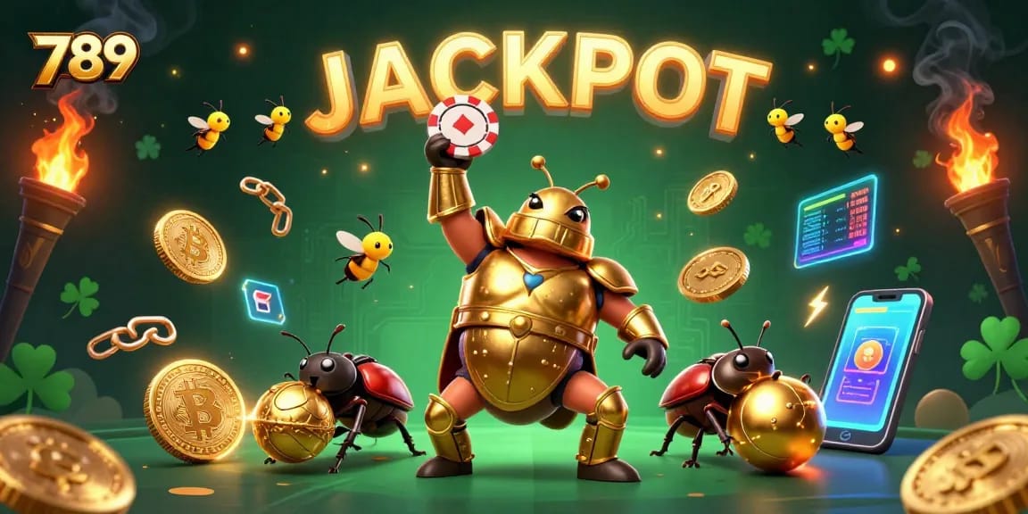 Experience the excitement of 789 with this 3D casino illustration featuring a victorious beetle and crypto elements.