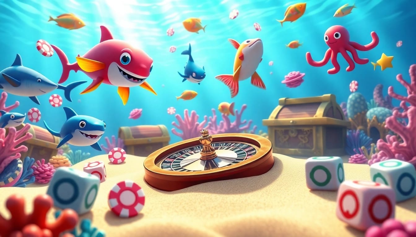 Bắn cá đổi thưởng in a vibrant underwater casino, featuring colorful sea creatures and casino games.