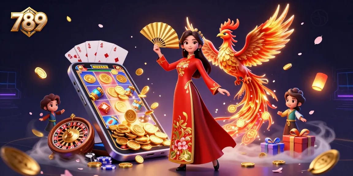 Win at 789 by spinning the vibrant slot reels and claiming golden rewards in this dynamic casino scene.