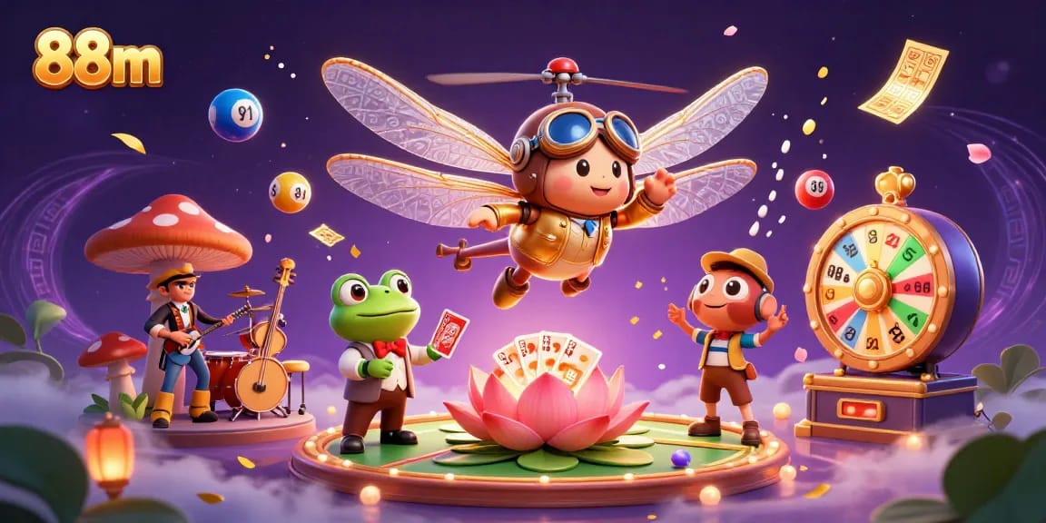 Experience the thrilling world of 88m, where a dragonfly pilot and frog croupier bring casino excitement to life amidst vibrant gaming elements.
