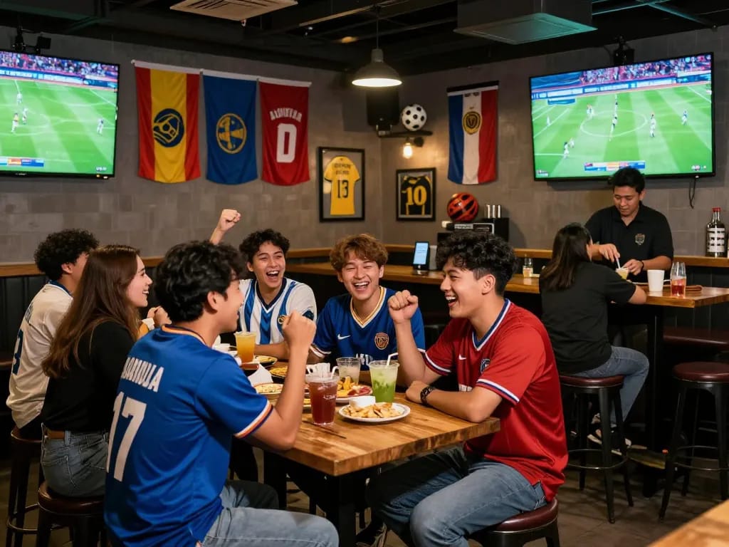 Friends enjoying judi bola at a lively sports bar, cheering with food and drinks.