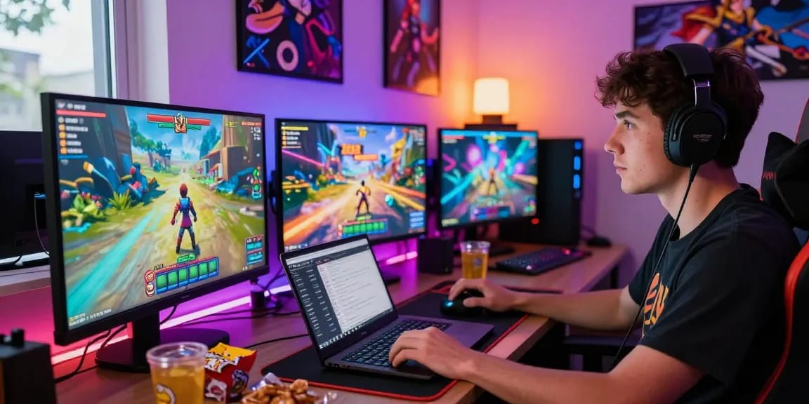 Exciting gamer space featuring porn games online on multiple screens with colorful LED lights.