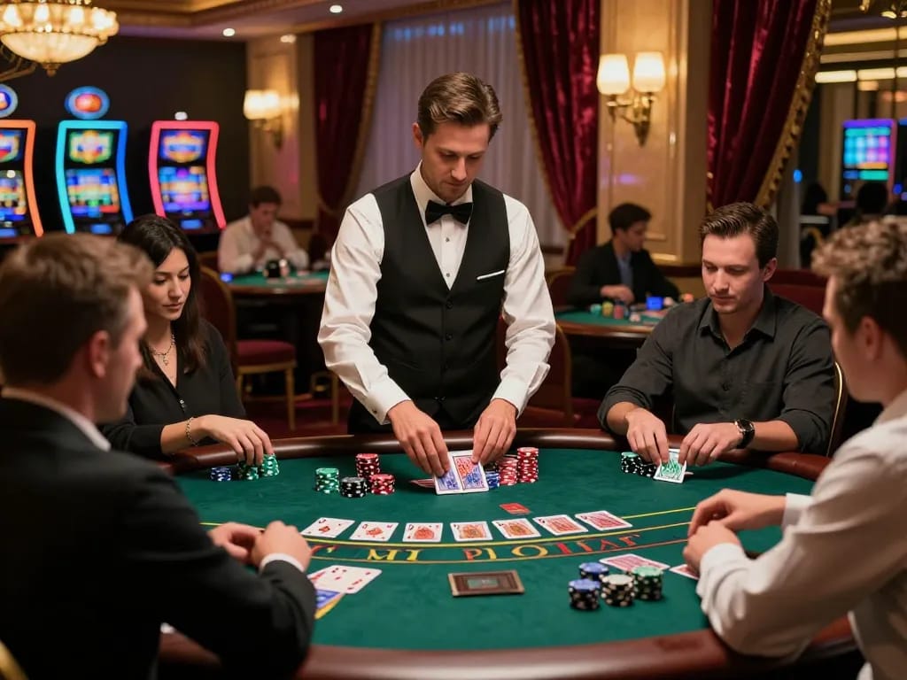 Players strategically betting at GG88's high-stakes blackjack table in a luxurious casino.
