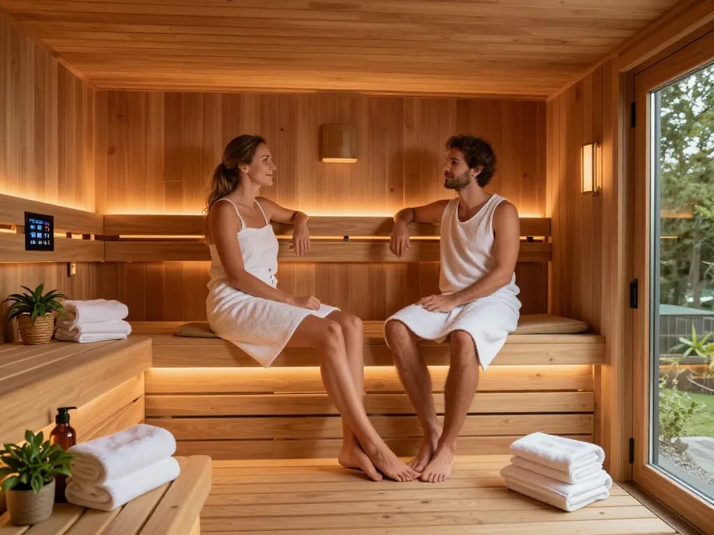 Intimate sauna customization scene with cedar wood interior, couple relaxing together in a tranquil environment.