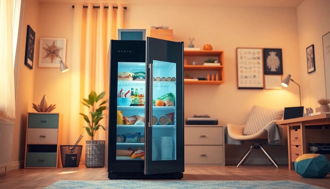 Modern dorm room fridge filled with snacks and drinks in a cozy college setting.