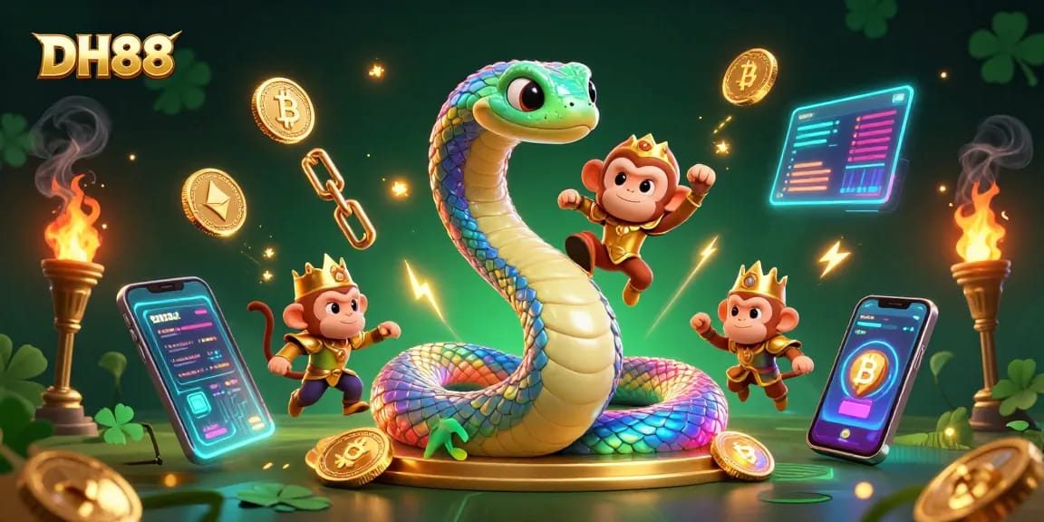 Engage with DH88's vibrant 3D casino illustration showcasing colorful characters and crypto elements.