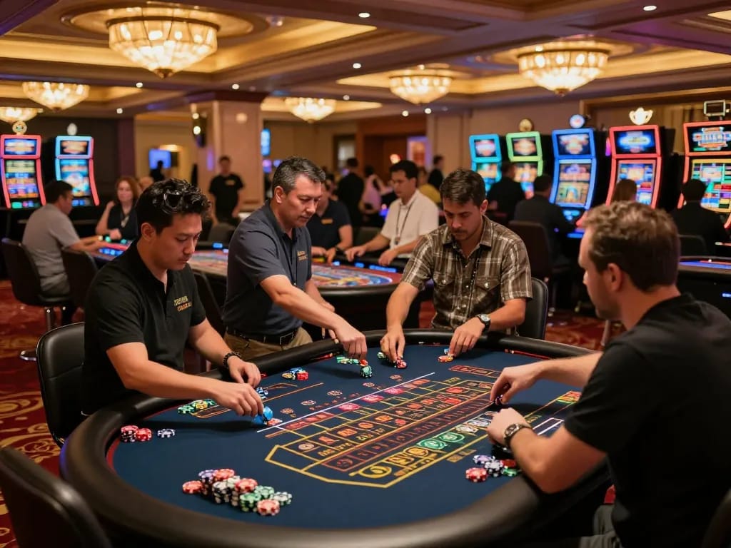 Players celebrate their wins at RR88 NAVY roulette tables in a vibrant casino atmosphere.