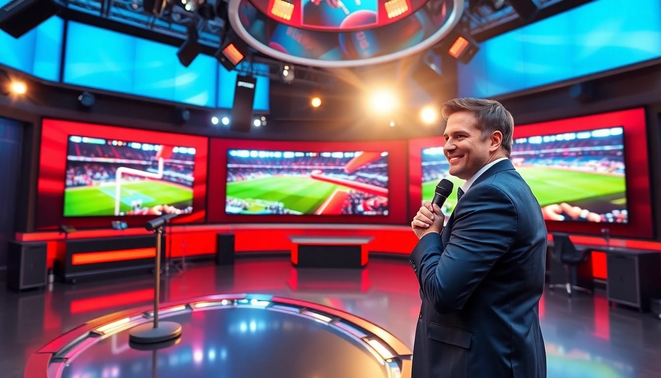 Engaging setup of sports broadcasting featuring a dynamic host and vibrant digital screens.
