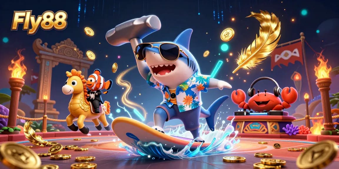 Fly88 captures the thrill of online gambling with a shark surfing gold coins, clownfish, and vibrant casino elements.