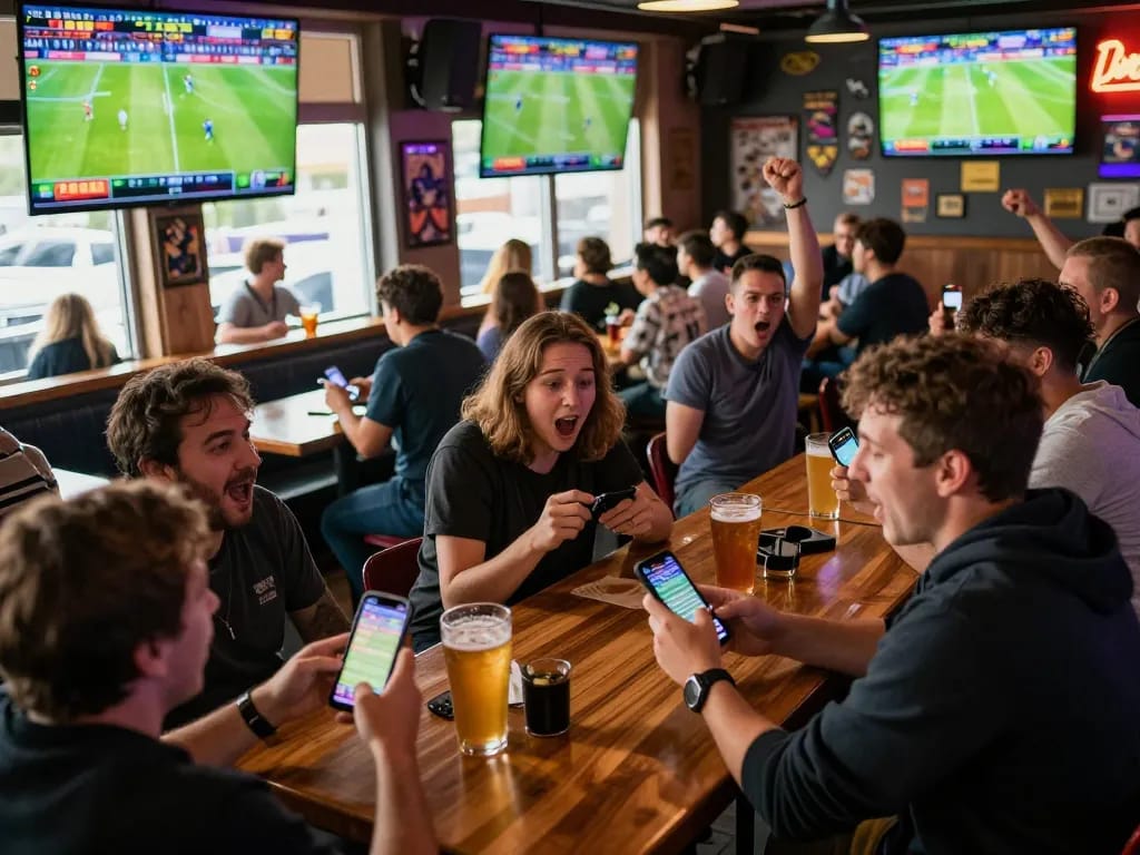 Cá cược da88 at a lively sports bar, fans cheering while placing bets on mobile devices.