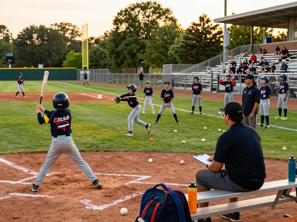 Youth baseball practice at hitclub with athletes and coach during sunset