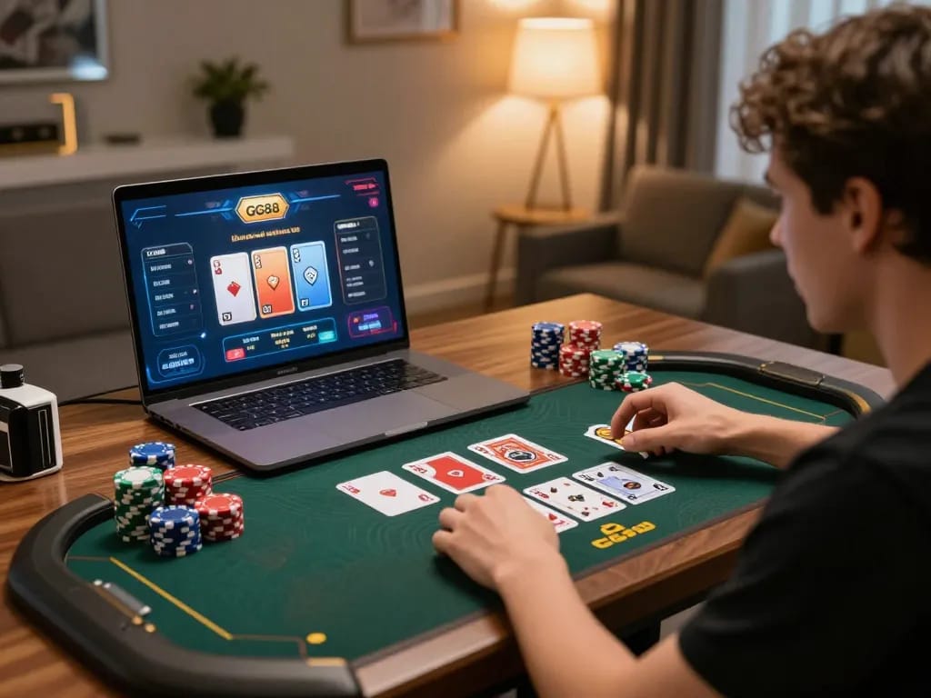 GG88 player engaging with online casino software, showcasing interactive gameplay and colorful components in an inviting environment.