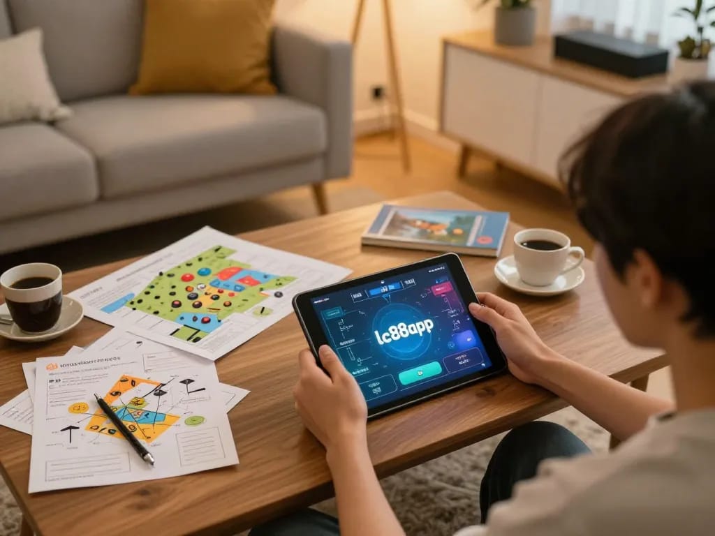 Engaged player using the lc88app for online gambling, showcasing a supportive and strategic home environment.