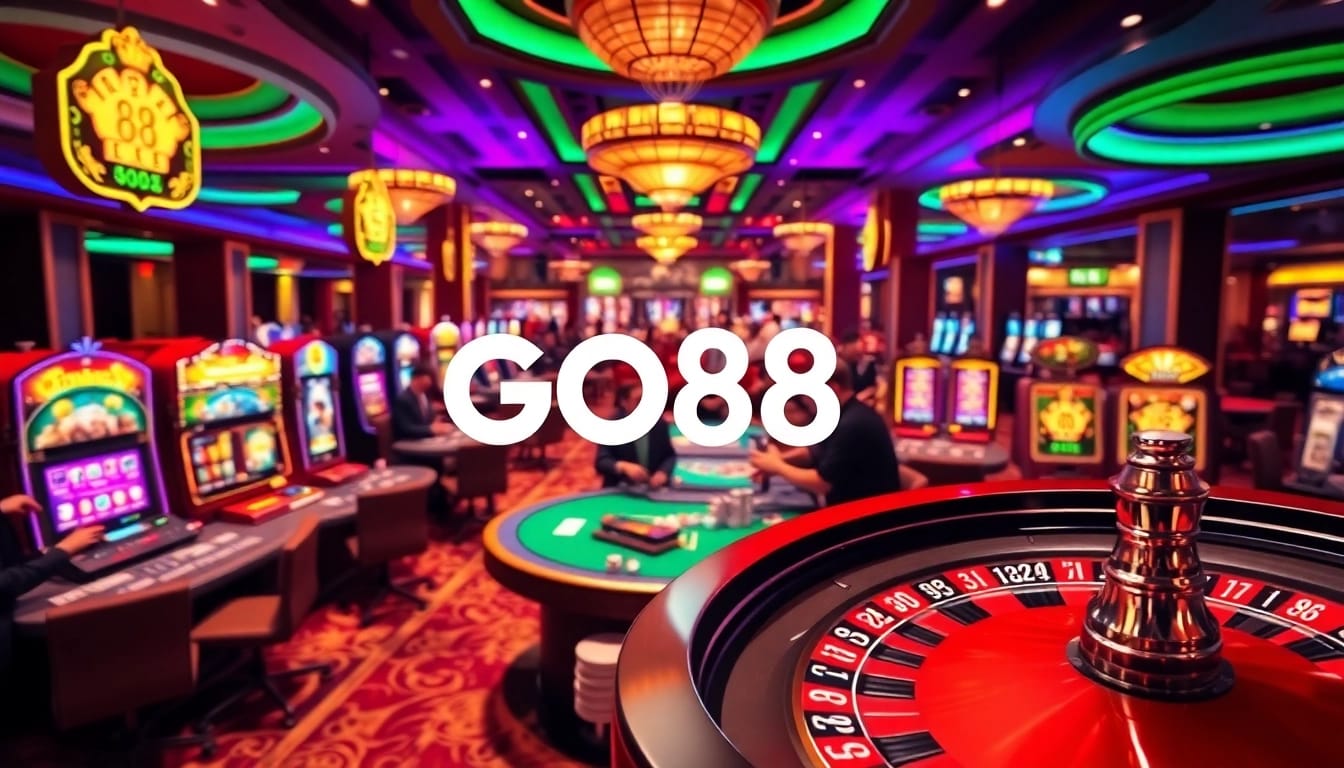 Engage in thrilling gameplay at GO88 casino with vibrant tables, slot machines, and poker chips.