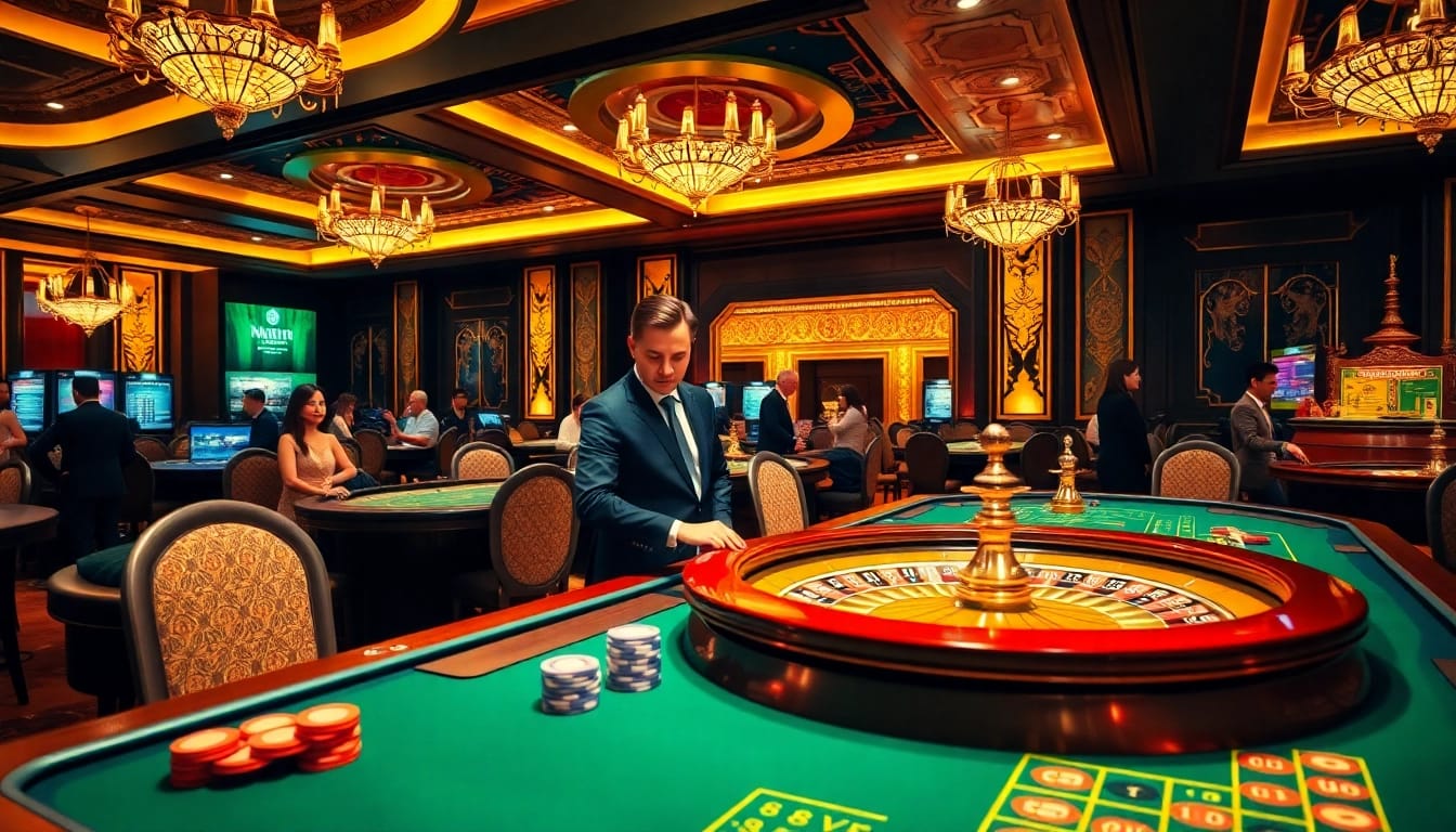 High-stakes gambling at Nhà Cái 68VIP with vibrant roulette wheels and engaged players.