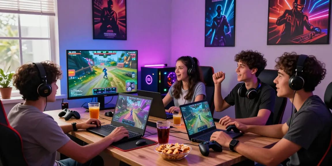 Exciting gaming session among friends enjoying cm88 com, featuring colorful LED lights and gaming consoles.