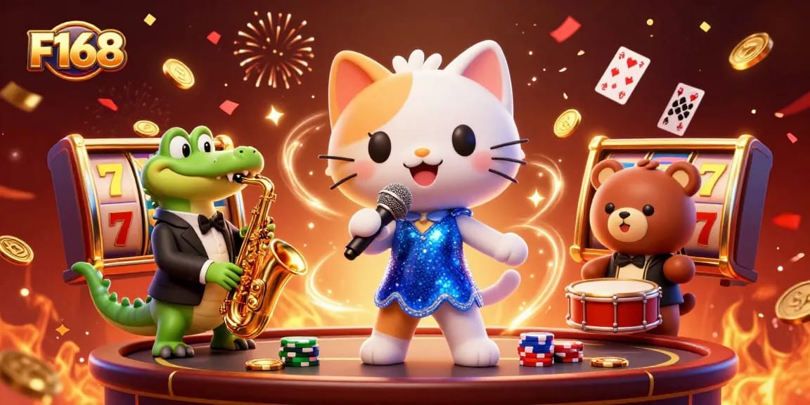 Experience thrilling wins at F168 with vibrant slots and engaging characters in a dazzling casino scene.