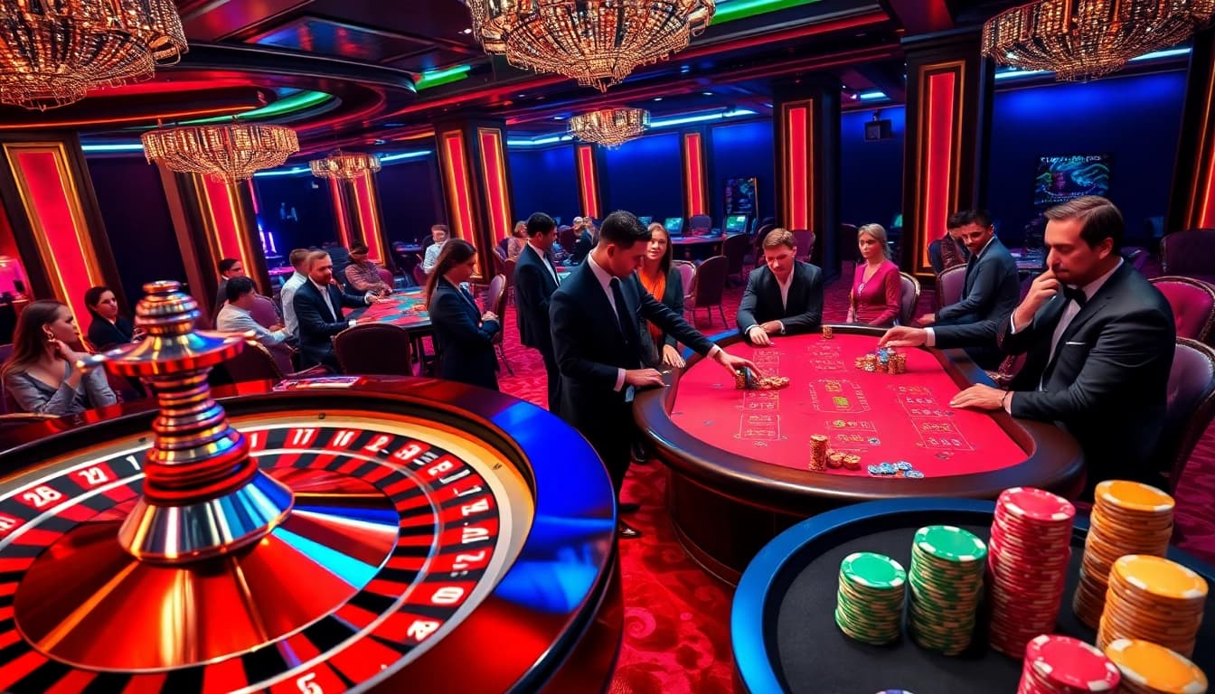 Experience the thrill at https://f168.tools/ with a captivating casino scene featuring roulette and poker.