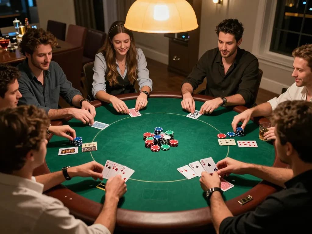 Players enjoying a captivating home poker night at go88hv, showcasing camaraderie and strategic gameplay.