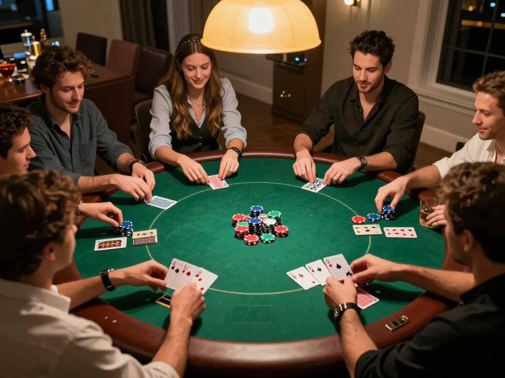 Players enjoying a captivating home poker night at go88hv, showcasing camaraderie and strategic gameplay.