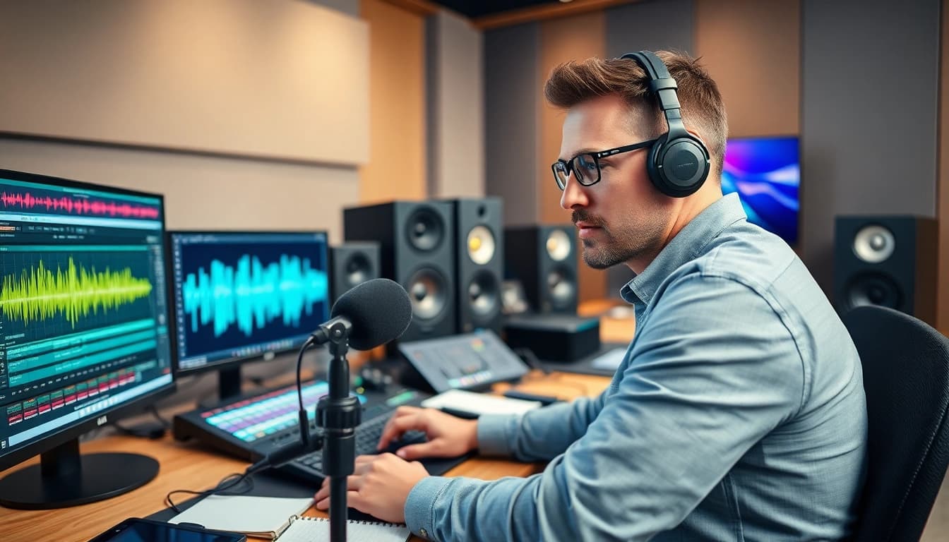 Engineer focusing on online mastering with vibrant soundwaves in a bright studio.