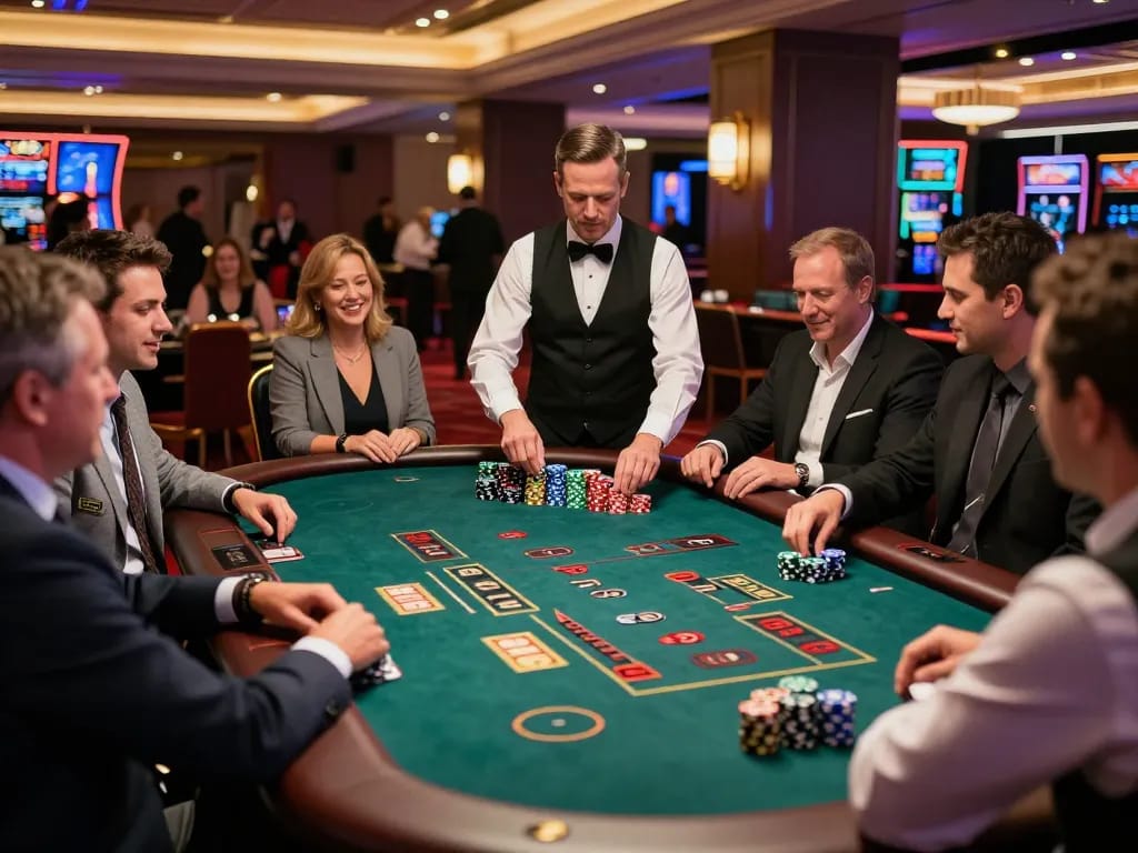 Engaged players analyzing tỷ lệ nhà cái while betting at an exciting blackjack table in a luxurious casino.