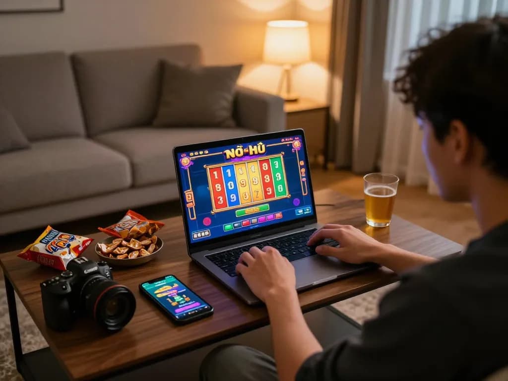 Engaging gameplay of nổ hũ on a laptop in a cozy home setup, showcasing a vibrant online casino experience.