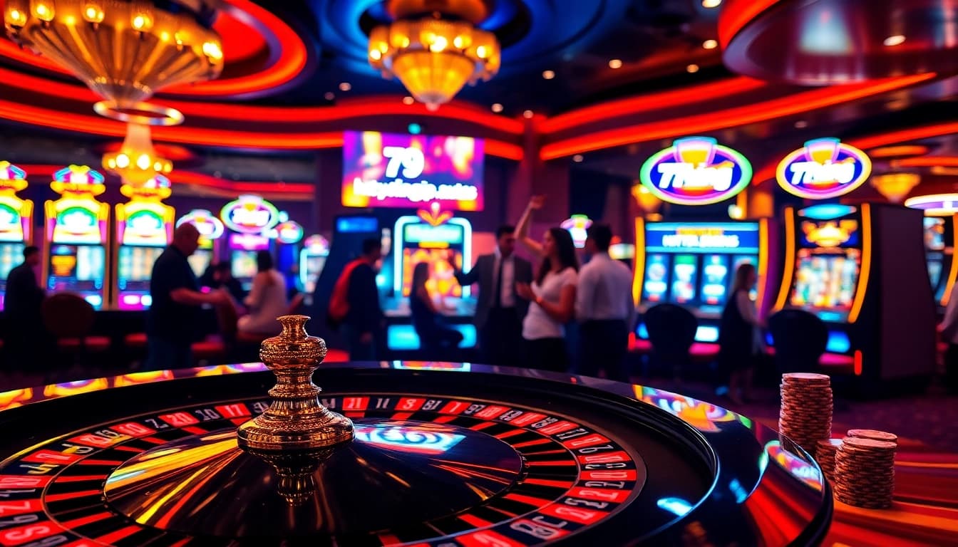 Experience thrilling wins at https://79kingvip.autos in an energetic casino scene filled with vibrant roulette tables and poker chips.
